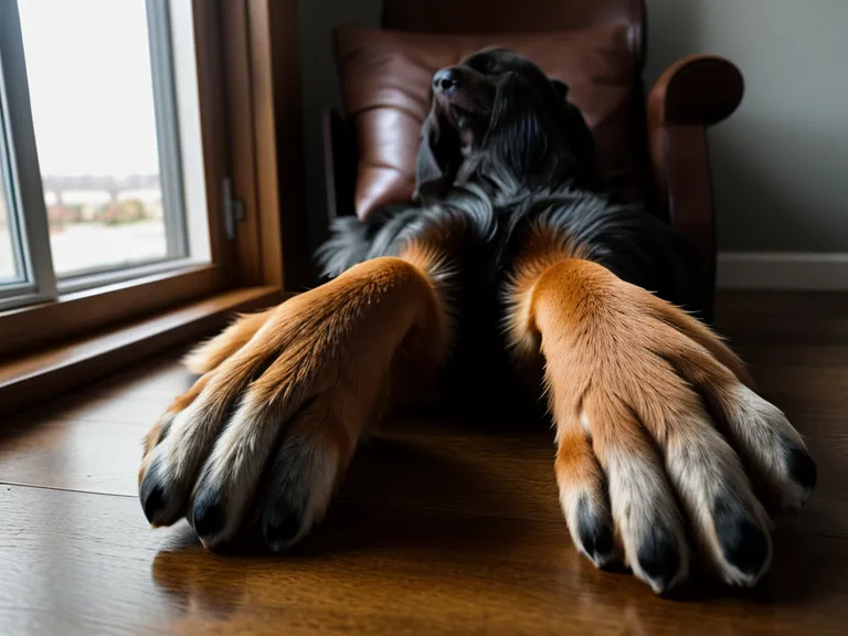 Hundetraining für Anfänger im Büro: Pfoten eines Mischlingshundes auf dem Boden neben einem Bürostuhl