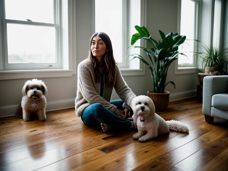 Glückliche Hundebesitzerin lobt ihren Hund, der ruhig an der Wohnungstür sitzen bleibt.