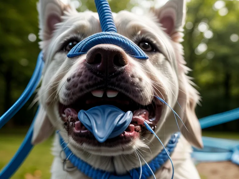 Nahaufnahme: Hund beißt und zerrt an blauer Nylonleine &ndash; typisches Stresssignal beim Leinentraining