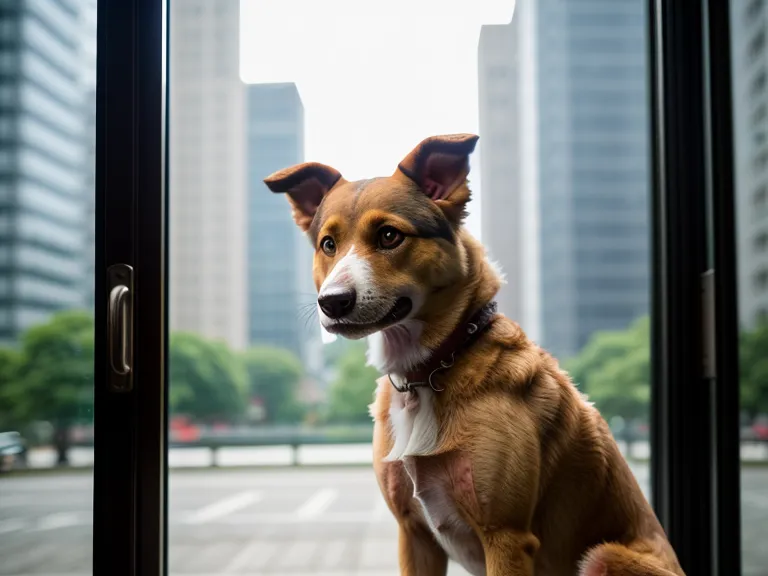 Ein zweijähriger Mischlingshund schaut wachsam aus dem Fenster einer Stadtwohnung.