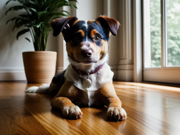 Aufmerksamkeitsbellen beim Hund: Mischlingshund Loki schaut mit forderndem Blick vom Boden zum Schreibtisch hoch