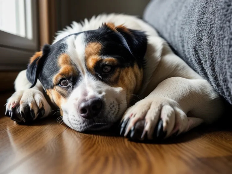 Mischlingshund schläft entspannt in einem flauschigen grauen Hundekörbchen