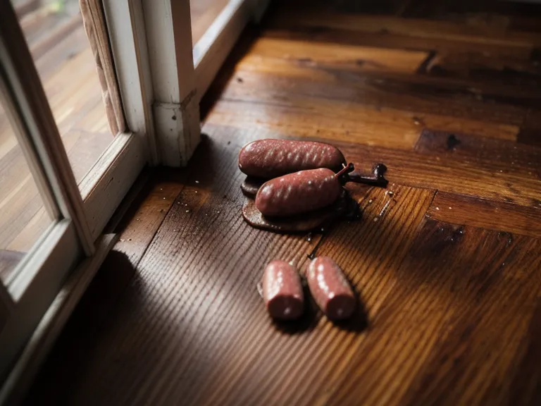 Verschüttete Leberwurstpaste auf Parkettboden neben Hundepfoten