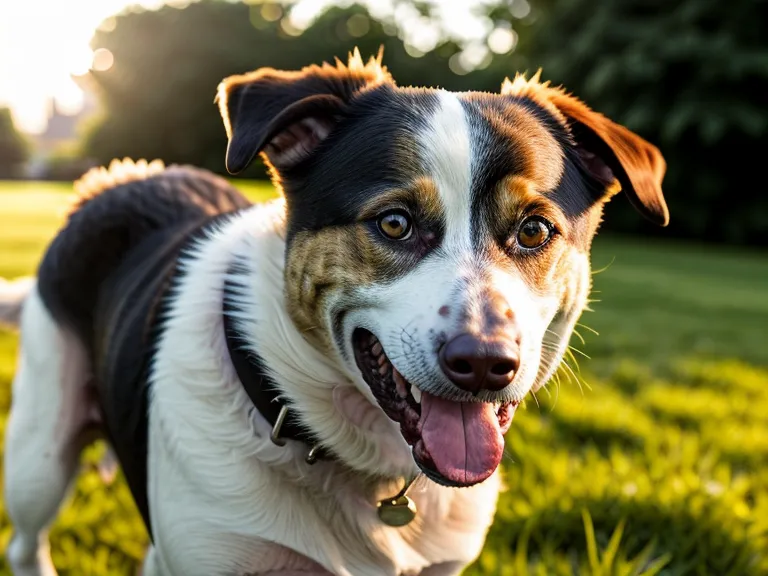Glücklicher Mischlingshund sitzt auf einer Wiese im Park