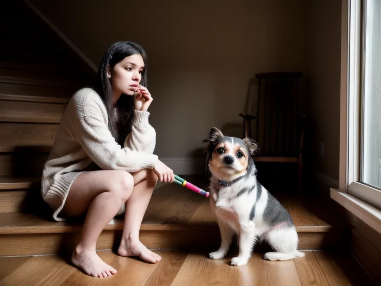 Hundehalterin übt geduldig mit Leberwurst das Treppensteigen mit ihrem ängstlichen Hund im Hundealltag