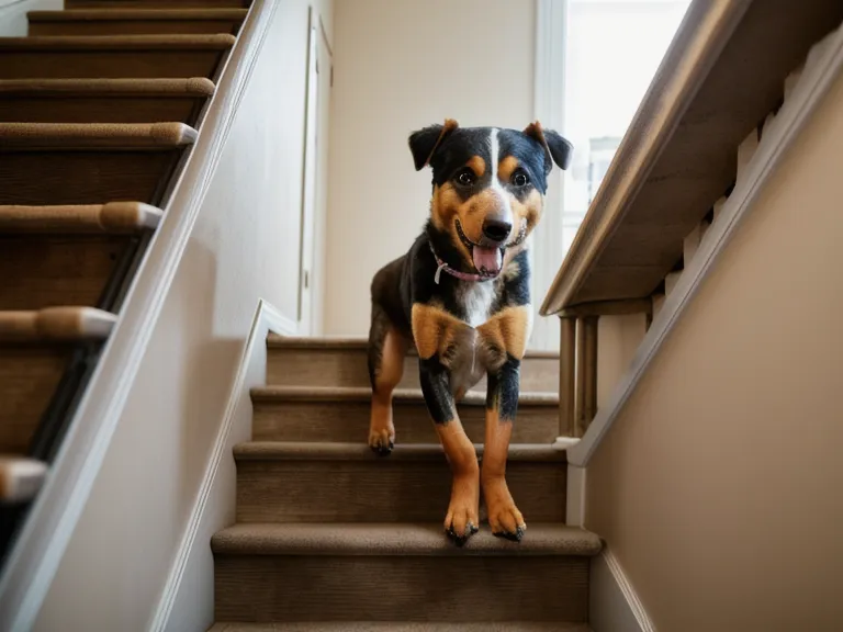 Mischlingshund überwindet mutig seine Angst vor der Treppe beim täglichen Treppentraining