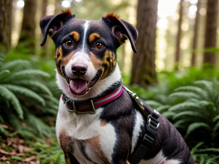 Glücklicher Mischlingshund sitzt im Grunewald Forst bei Sonnenlicht.