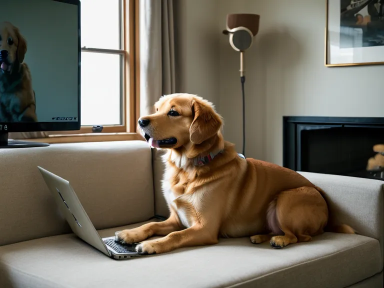 Laptop mit geöffnetem Online-Hundekurs, während der Mischlingshund im Hintergrund zuschaut