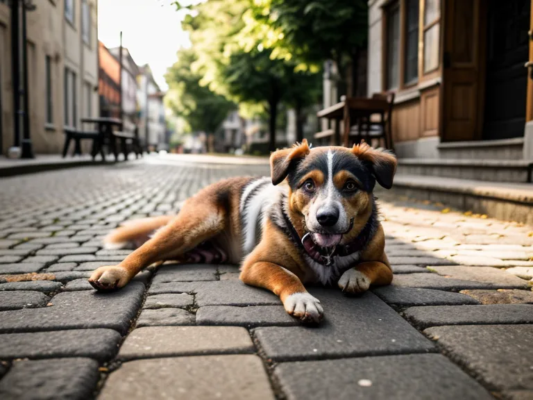Entspannter Mischlingshund liegt ruhig unter dem Tisch in einem Kreuzberger Café