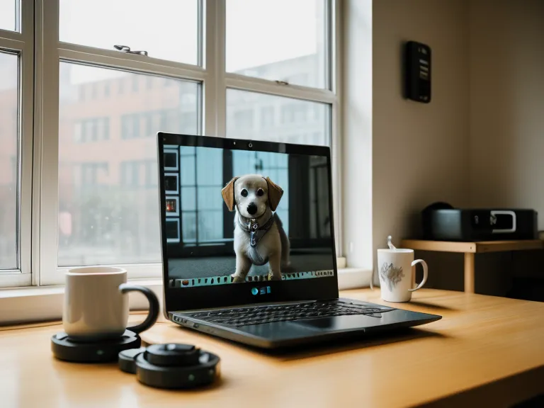 Laptop mit Online-Hundeschule Video und Trainingszubehör auf einem Schreibtisch.