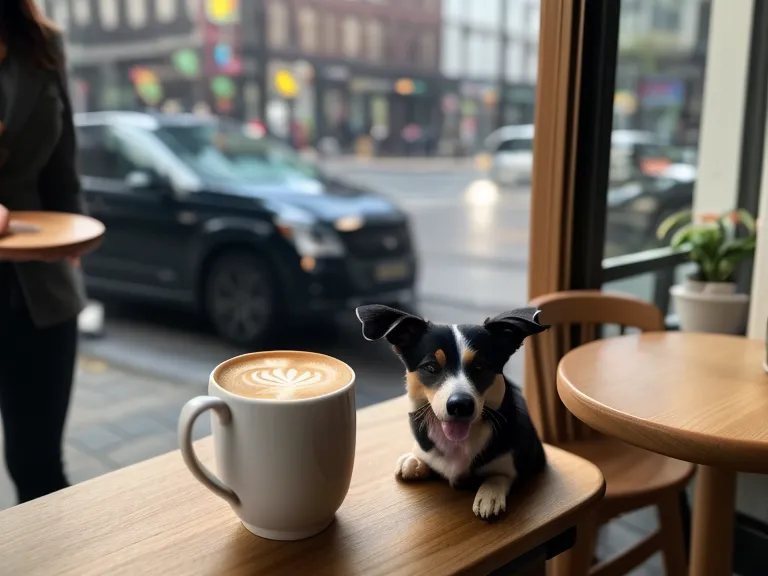 Smartphone zeigt Überwachungskamera-App mit schlafendem Hund während die Besitzerin im Café sitzt.